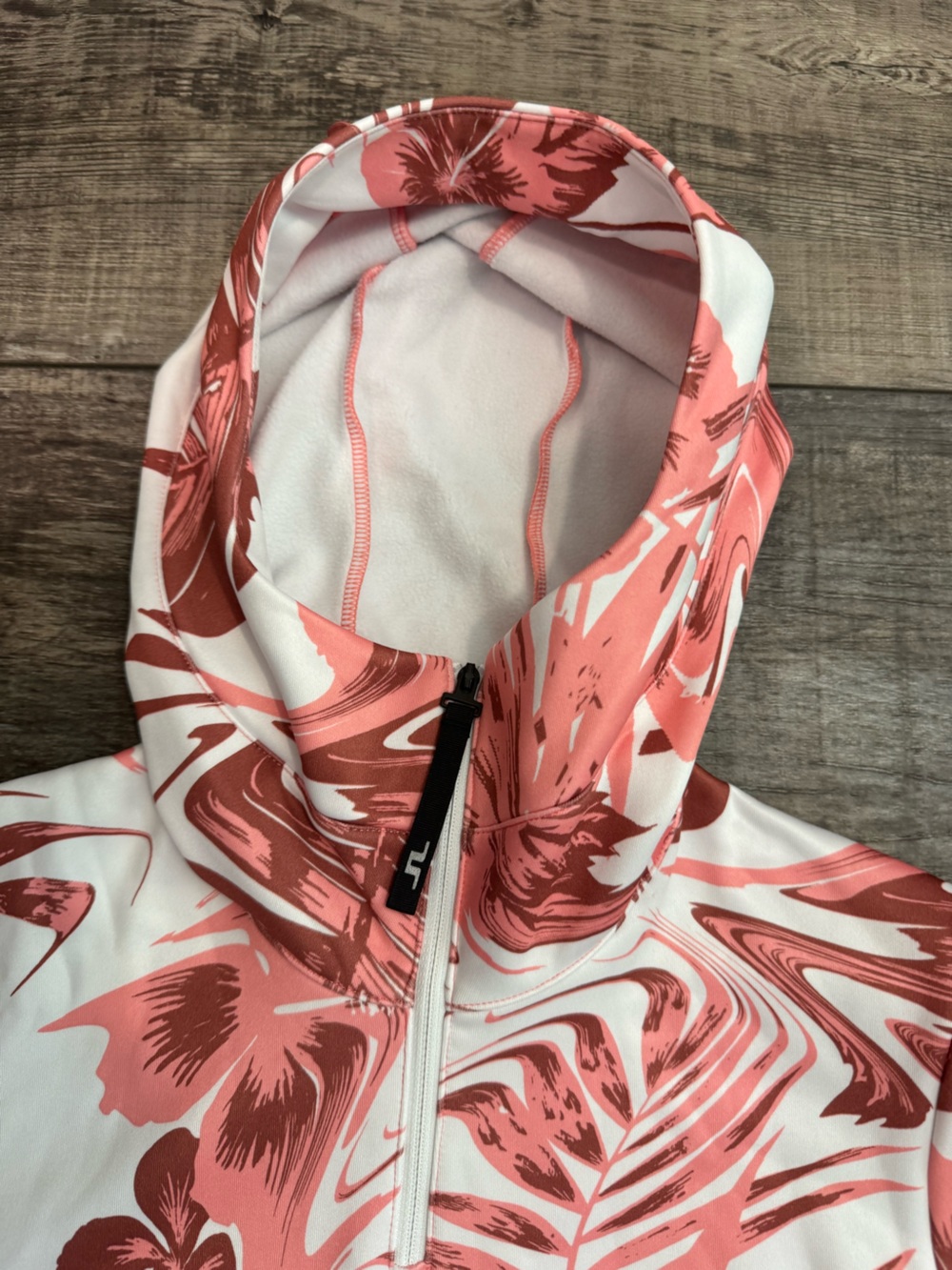 J.Lindeberg White Hoodie with Pink & Burgundy Tropical Print Sz S - Picture 7 of 7